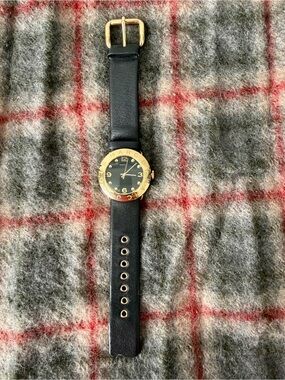 Marc Jacobs Black Leather Strap Watch with Gold-Tone Bezel